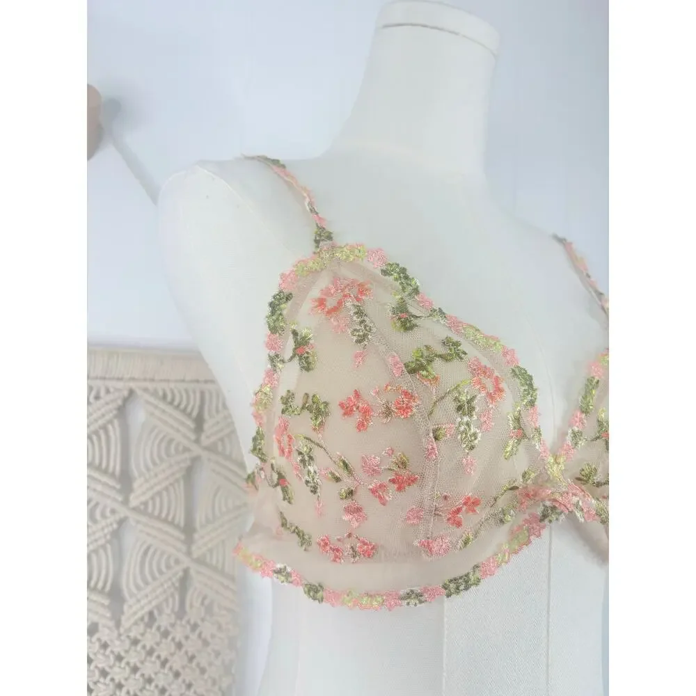 Aerie Mesh Embroidered Floral Bra Medium Coquette Festival Bralette Fairy